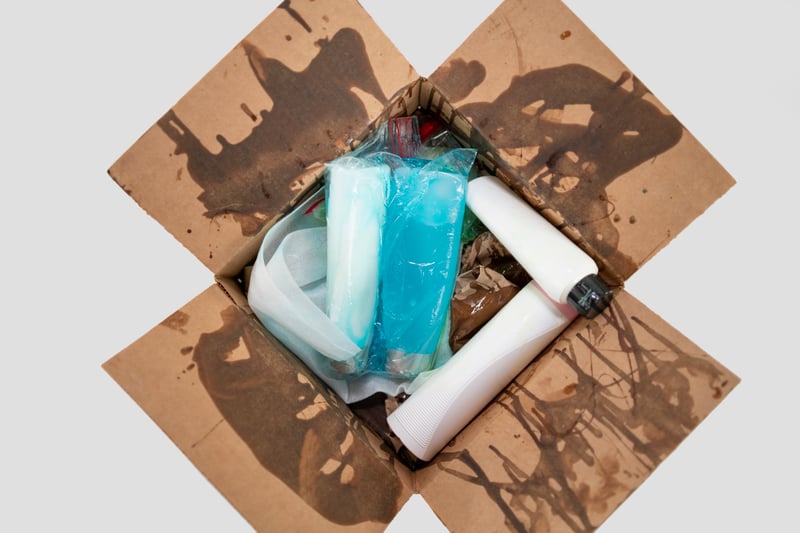 Leaked liquid product bottles inside a shipping box with soaked and damaged packaging materials. 