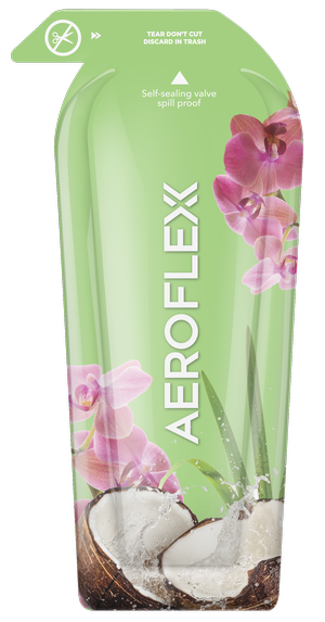 Green AeroFlexx Pak with coconuts and pink flowers for the personal care industry